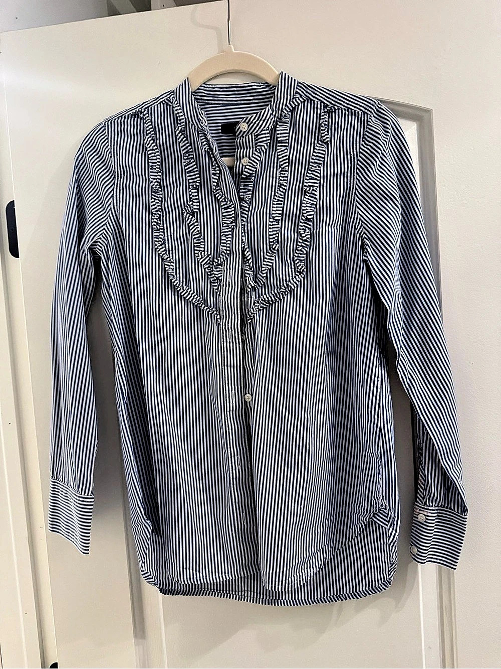 J.Crew Band-collar ruffle-front shirt Striped Ruffle-Front Shirt